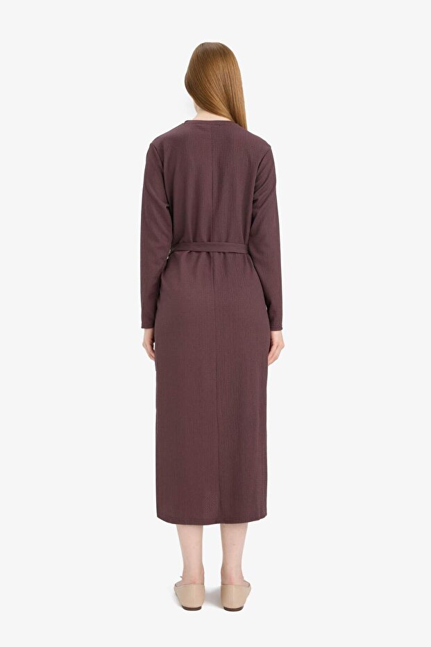 Regular Fit Bisiklet Yaka Bağlamalı Uzun Kollu Maxi Elbise D9063AX25SP - 6