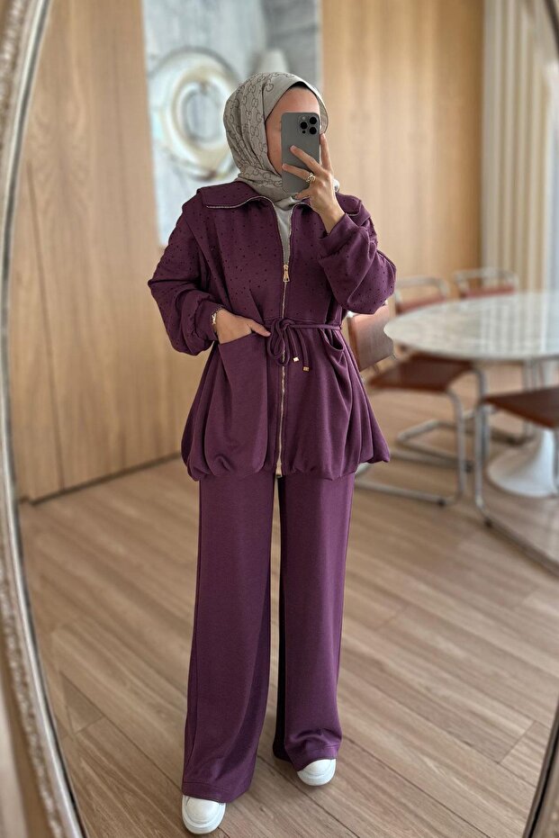 Balon Form Taşlı Modal Takım - Mürdüm - 1