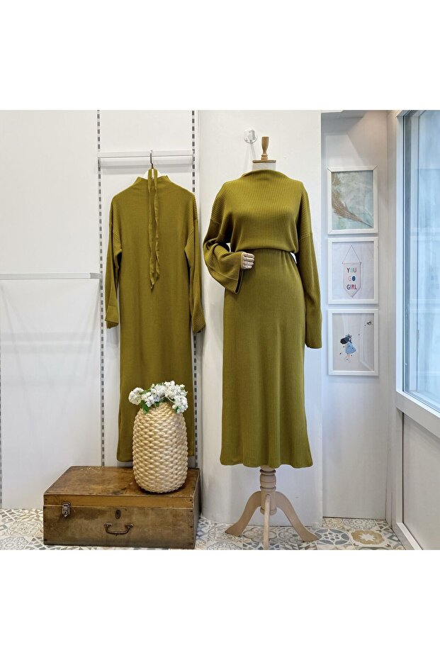 Yağ Yeşili Basic Triko Elbise - 3