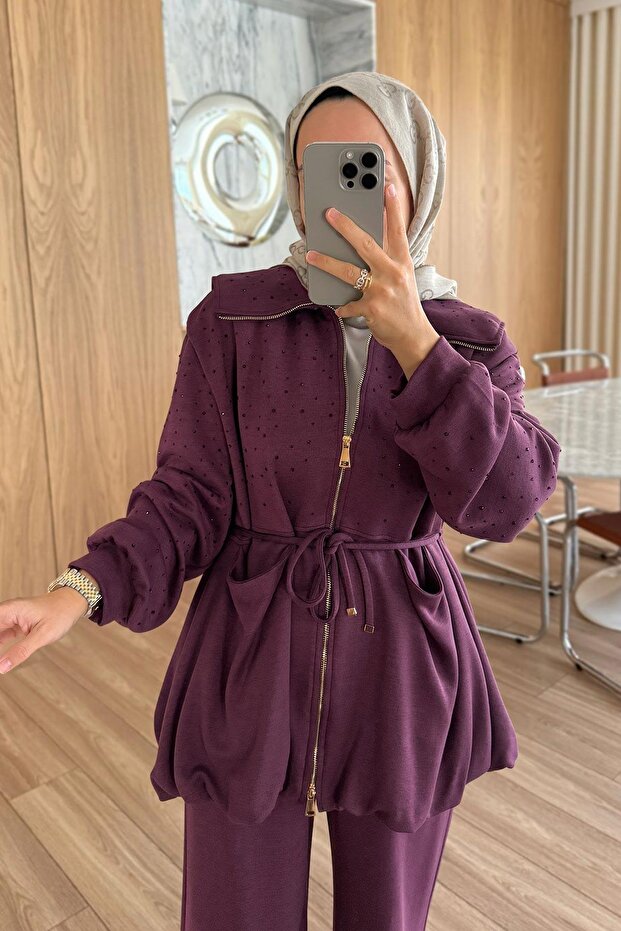 Balon Form Taşlı Modal Takım - Mürdüm - 3