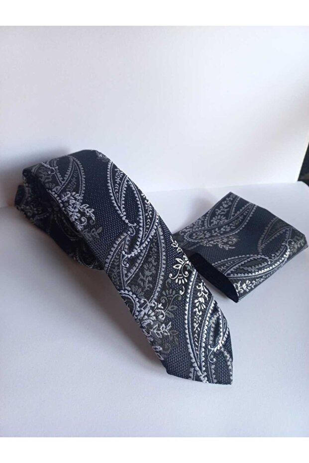Dark Navy Blue Patterned Thin Tie and Handkerchief Set