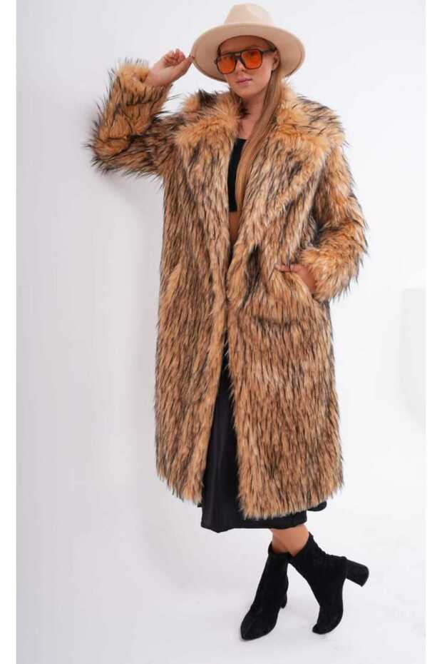 Women's Tan Coat with Black Fringes Long Fur New Collection a Quality Makes a Difference