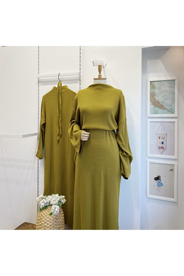Yağ Yeşili Basic Triko Elbise - 1