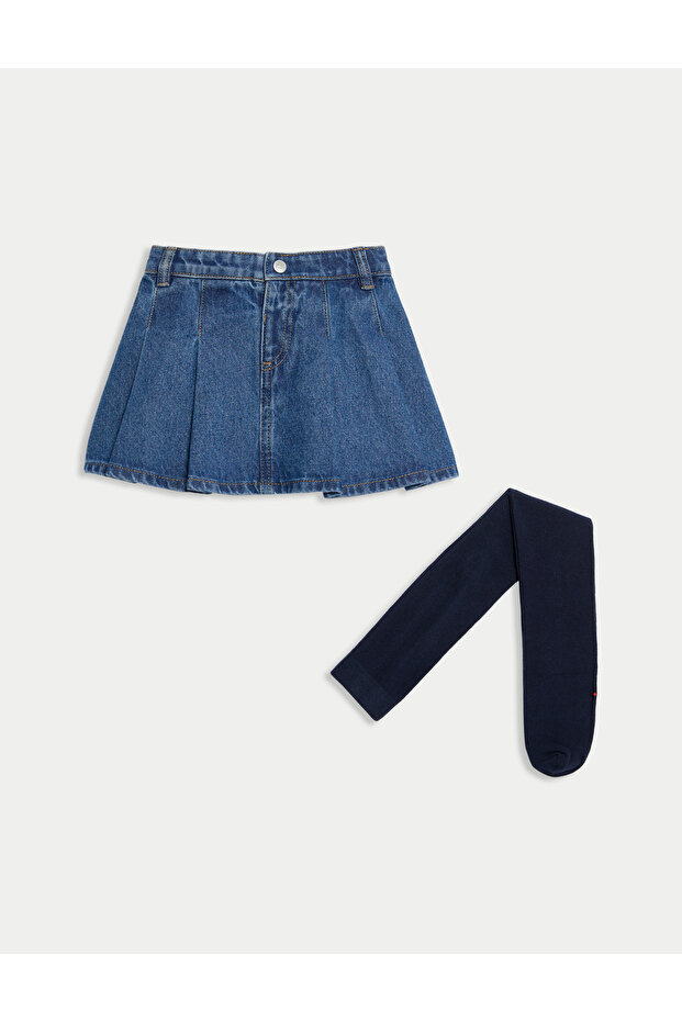 Pileli Kot Etek ve Çorap Seti (2–8 Yaş) - 1