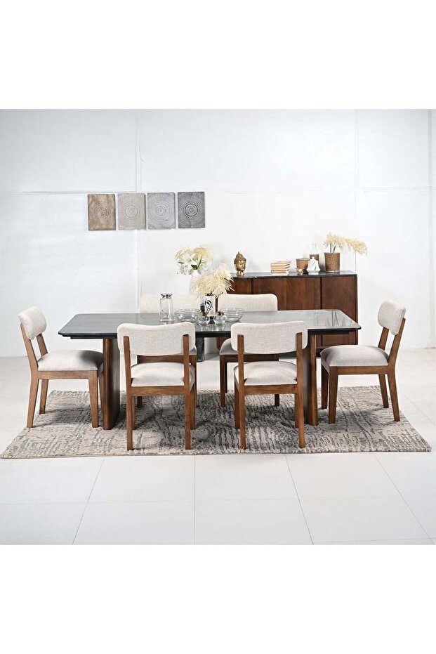 York 1+8 Marble Top Dining Set - Solid Wood Dining Table & 8 Chairs - Black/Walnut Finish