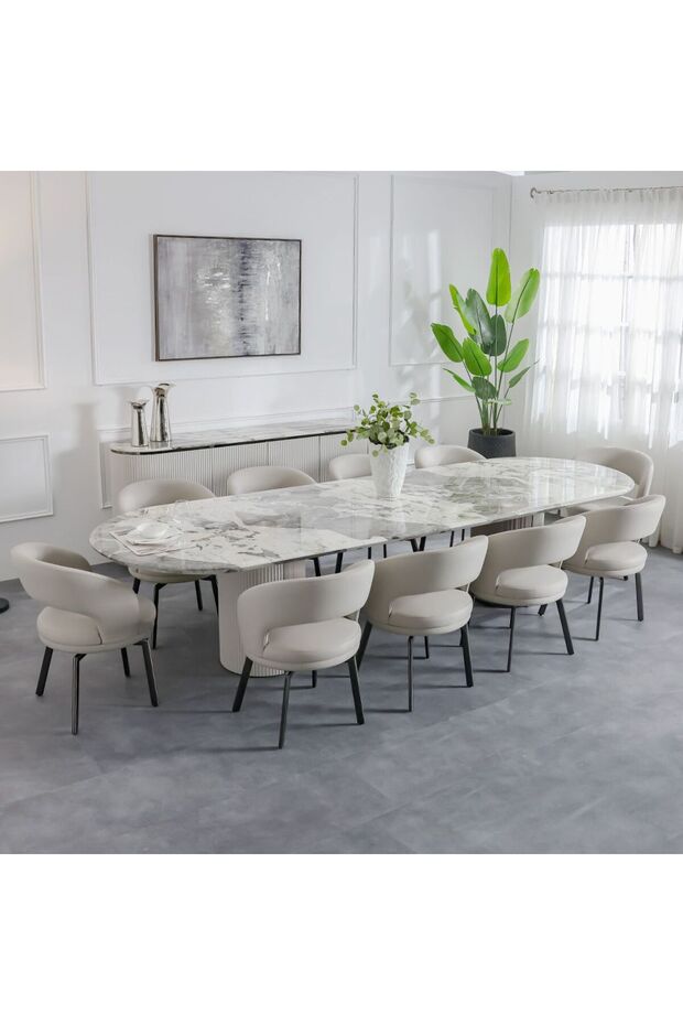 Hesdin 1+10 High Gloss Dining Set - Light Grey & Beige Wood Table & Chairs - Modern Furniture