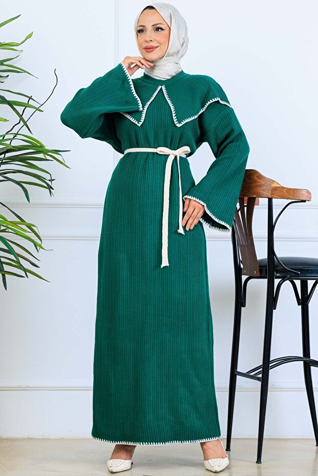 Collar Detailed Knitwear Dress K3036 Emerald Green