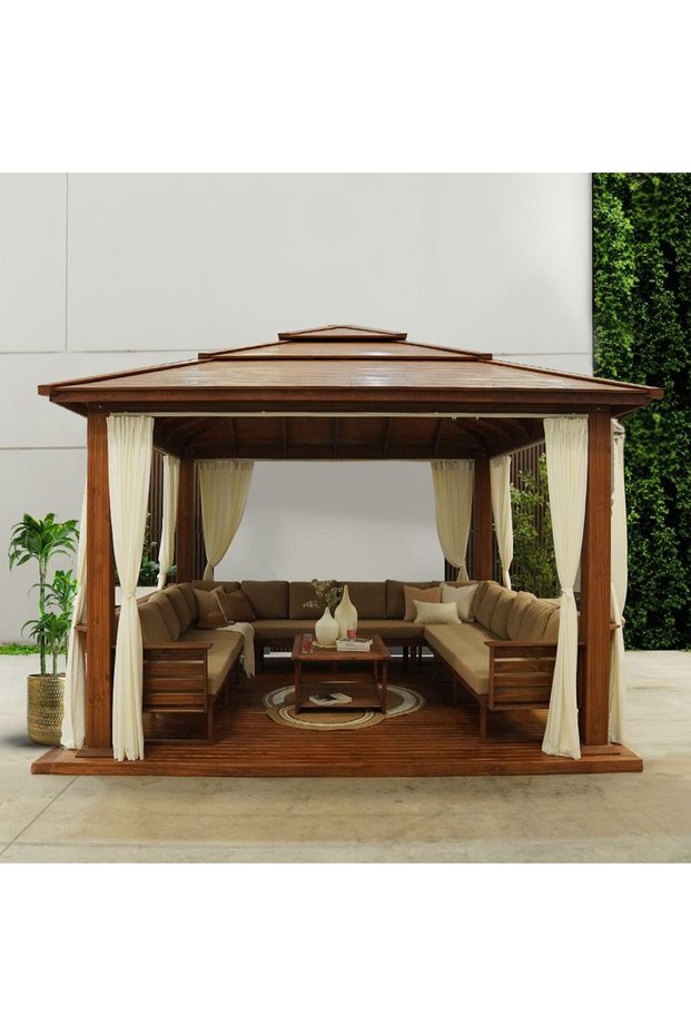 Royal Wooden Gazebo - Brown 4.4x4.4x3.4 M - Luxurious Outdoor Retreat with Seating & Curtains