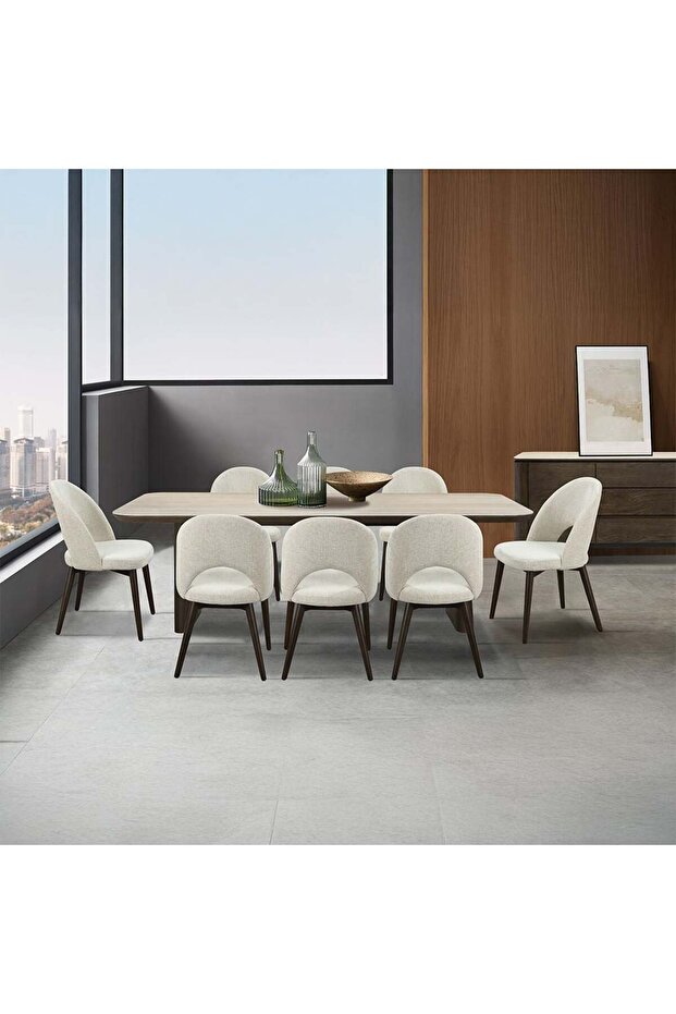 Brookside 1+8 Stone Top Dining Set - Beige/Oak Veneer, Engineered Wood & Ceramic, 9 Pieces