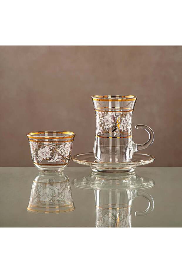 Almarjan Tea & Coffee Set 18 Pieces, Glass, Clear & Golden Pattern (18 PCS SET-ZQDL) - Family Gather