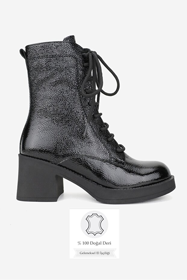 Women's Black Patent Leather Genuine Natural Leather Mid-Heel Lace-Up Boots & Booties