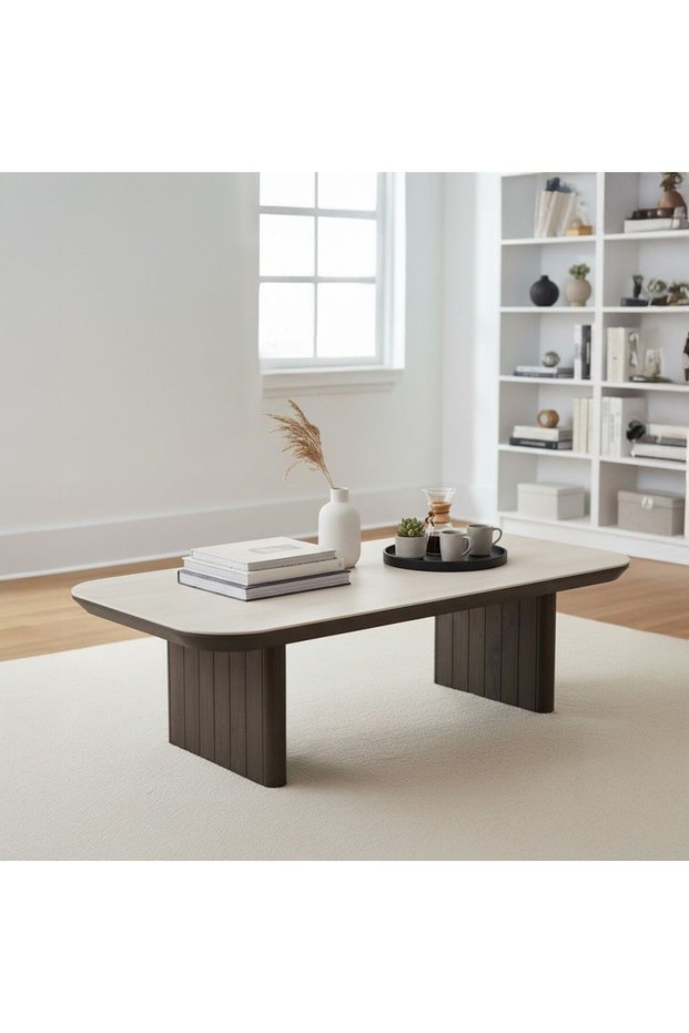 Brookside Stone Top Coffee Table, Beige & Oak Veneer, Engineered Wood, Stylish Living Room Furniture