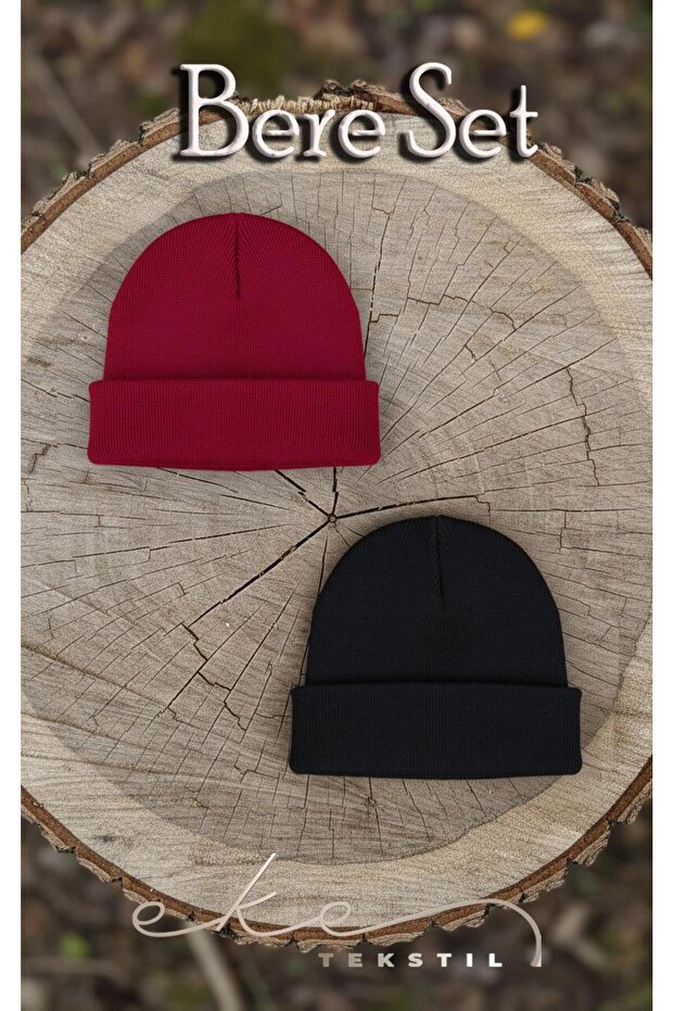 Unisex Folded Black, Red 2-Piece Beret Set Ekebereseti̇2Li̇yeni̇