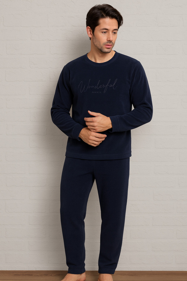 Men's Fleece Printed Warm Pajama Set with Cuffed Sleeves