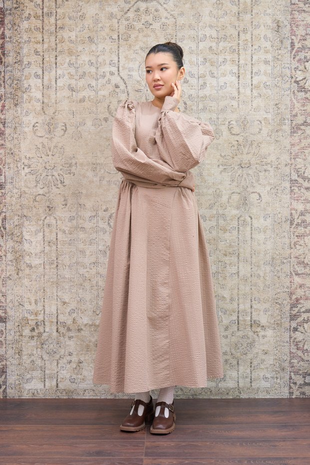 Camel Waffle Pleated Long Women's Dress