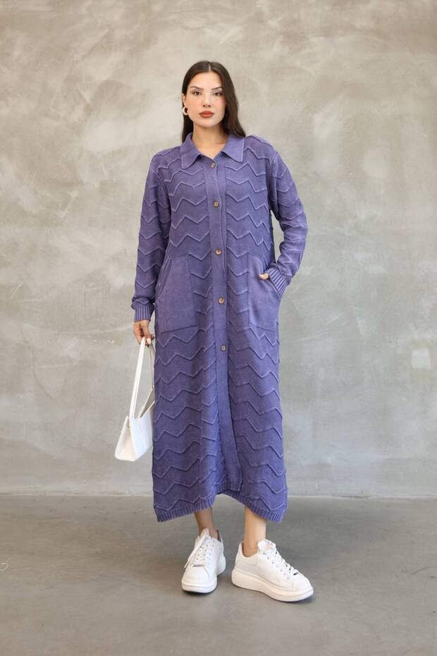 Women's Purple Shirt Collar Button Closure Pocketed Vintage Loose Cotton Knitwear Long Cardigan Cap