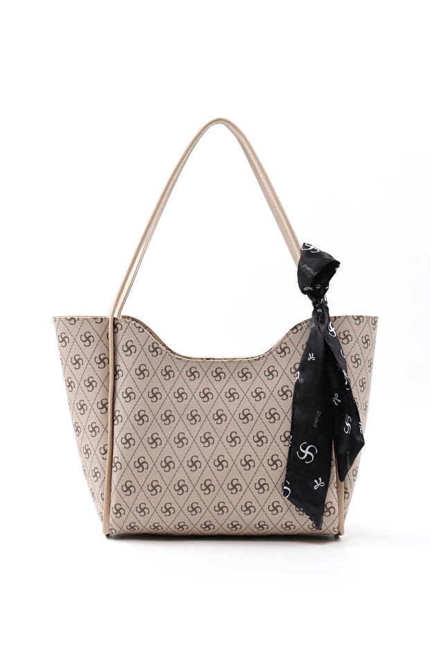 Monogram Printed Mink Shk240 Faux Leather Zippered Single Compartment Handbag, Arm Bag and Shoulder Bag with Scarf Gift