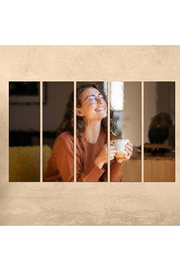لوحه جداريه - فتاة تشرب القهوه - 300924 - مقسمه خمسة قطع متساويه
