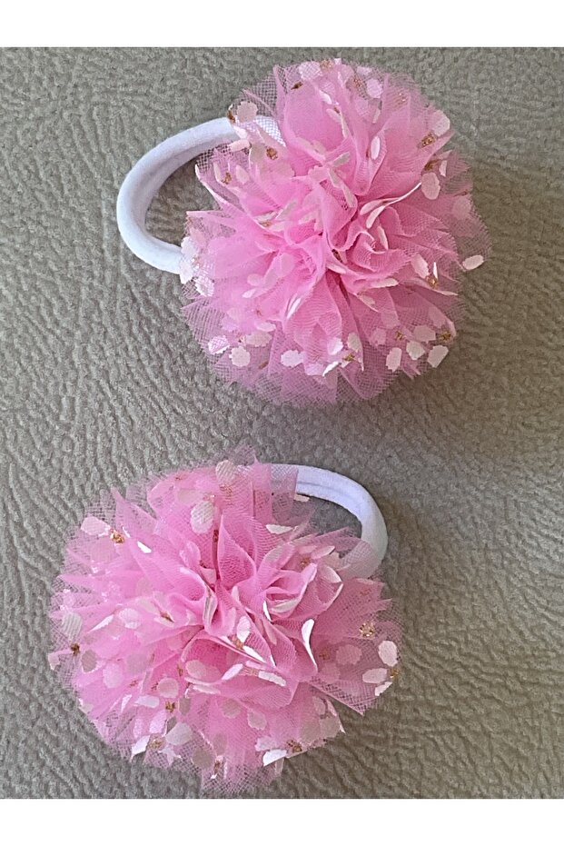 Pink Tulle Pompom Elastic Hair Clip – Handmade, Glittery