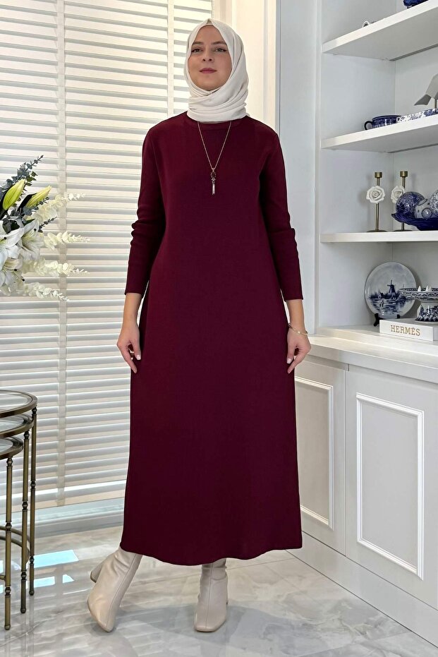 Öykü Çelik Örme Triko Elbise Bordo - 6