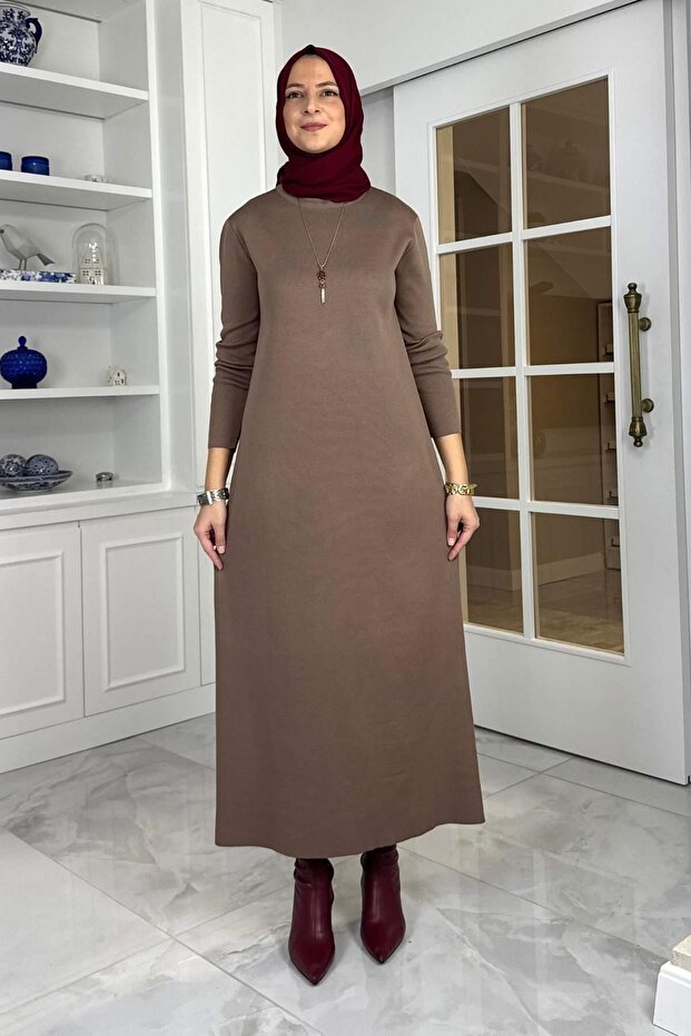 Öykü Çelik Örme Triko Elbise Sütlü Kahve - 3