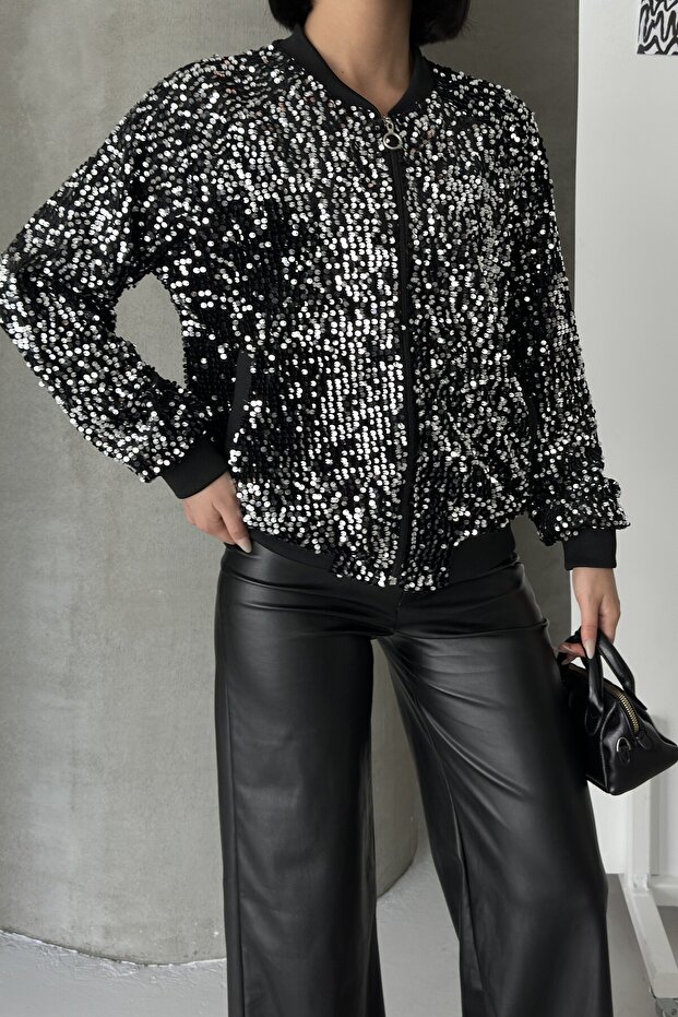 Sequined Bomber Jacket Silver - 2