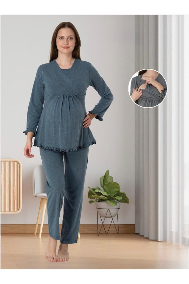 Women's Anthracite Special Design Cotton Combed Maternity Pajama Set