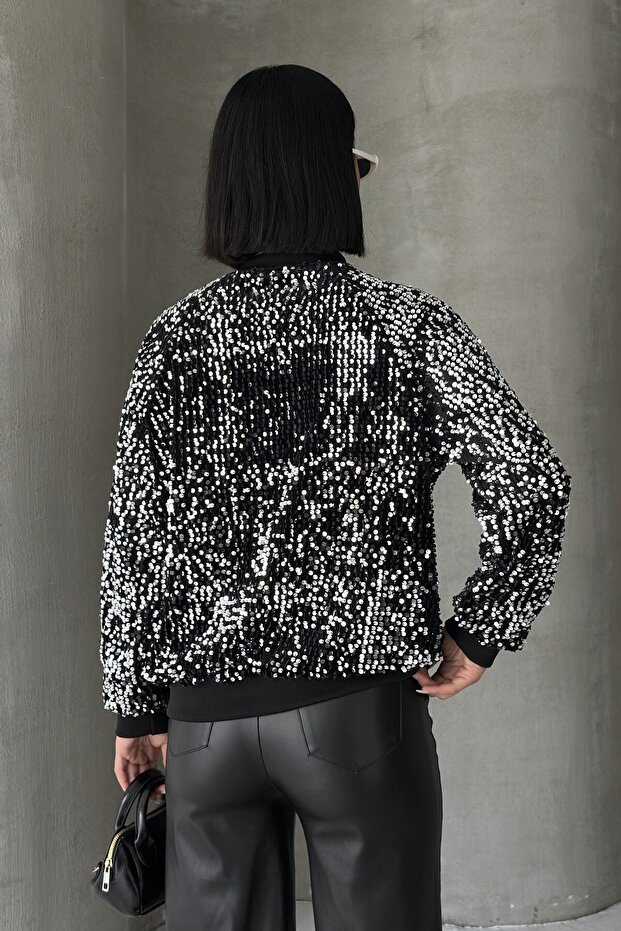 Sequined Bomber Jacket Silver - 7