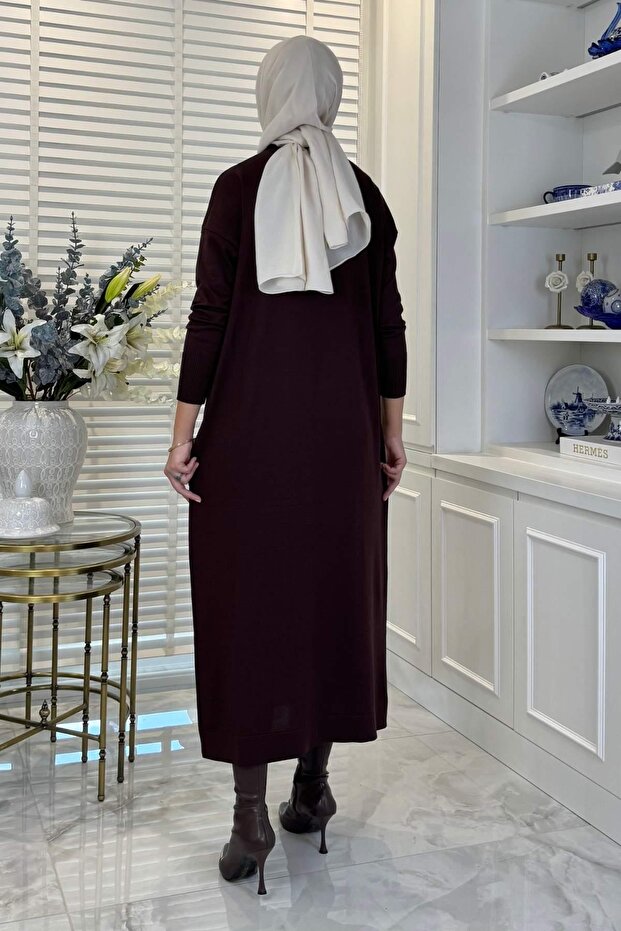 Zebra Desen Triko Elbise Acı Kahve - 5