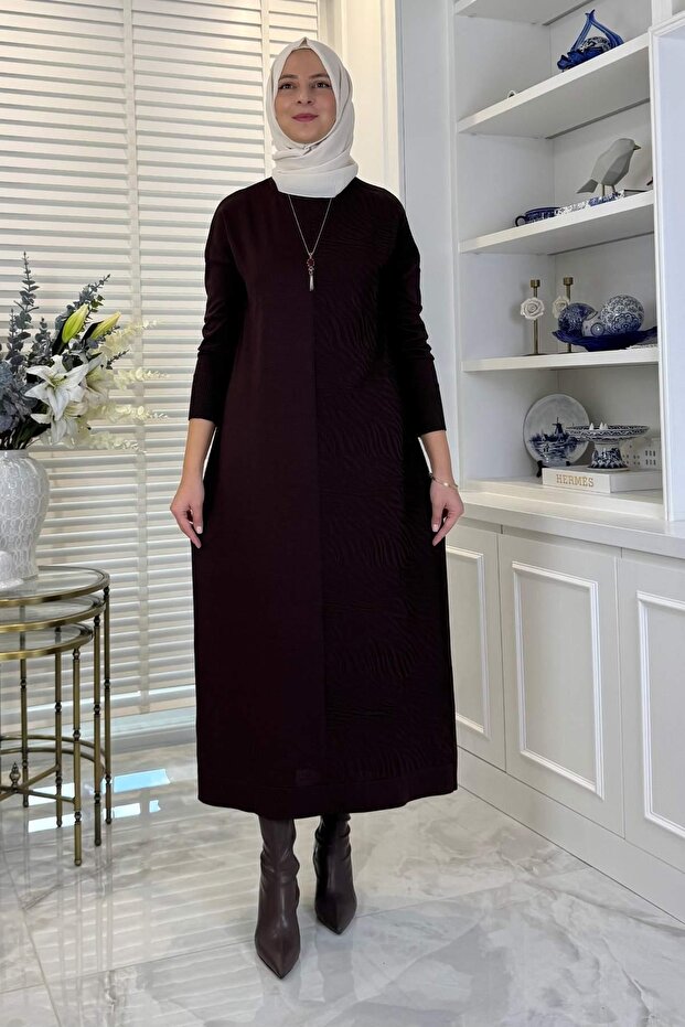 Zebra Desen Triko Elbise Acı Kahve - 6