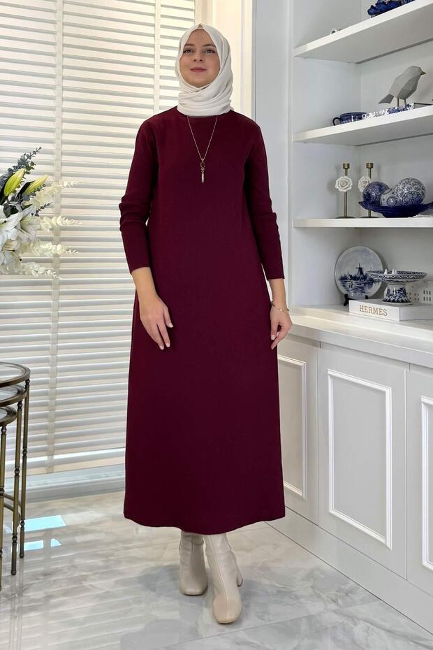 Öykü Çelik Örme Triko Elbise Bordo - 1