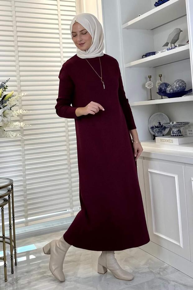 Öykü Çelik Örme Triko Elbise Bordo - 4
