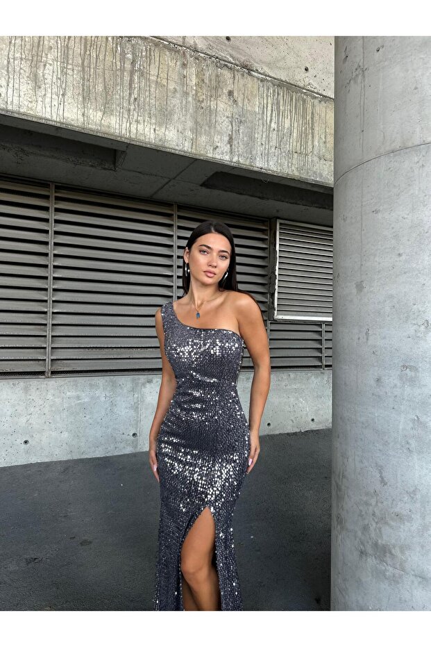 Trend Velvet Slit Dress Gray 583150