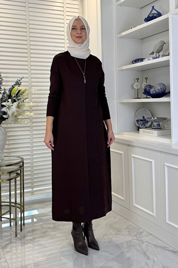 Zebra Desen Triko Elbise Acı Kahve - 3