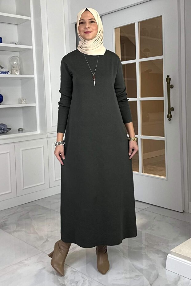 Öykü Çelik Örme Triko Elbise Haki - 6