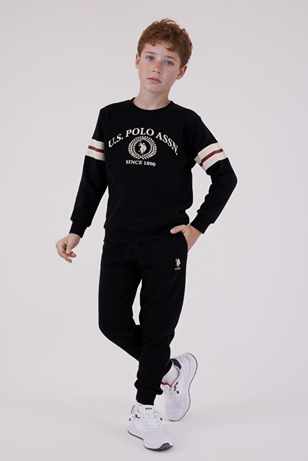 Boys' Cotton 3 Thread Black Crew Neck Bottom-Top Set Q3Pkl3Kk12