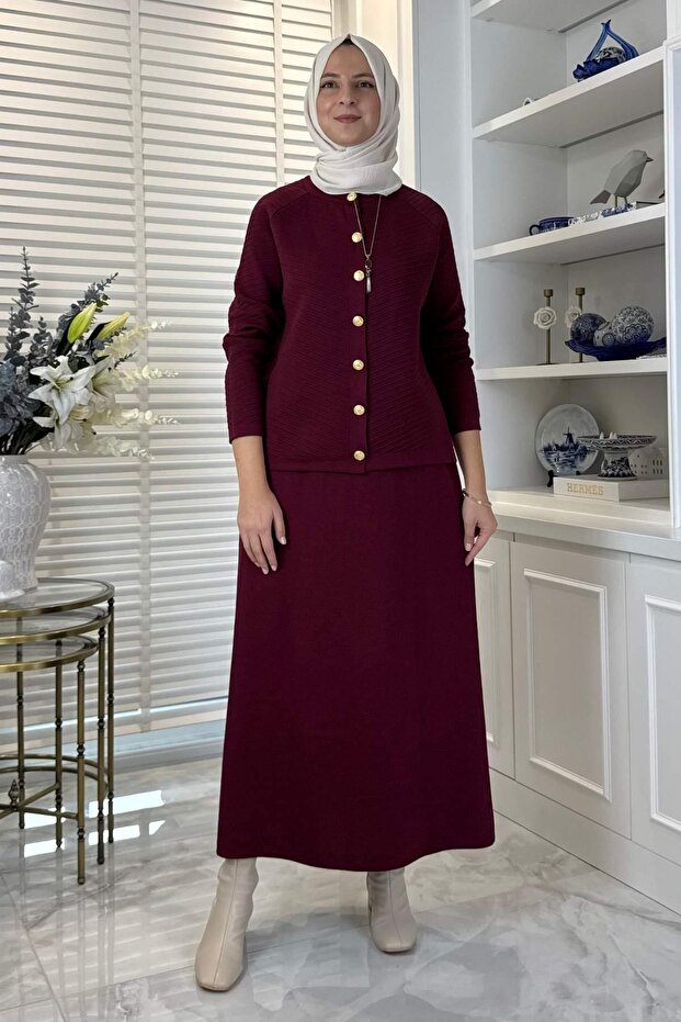 Melis Çelik Örme Triko Takım Bordo - 1