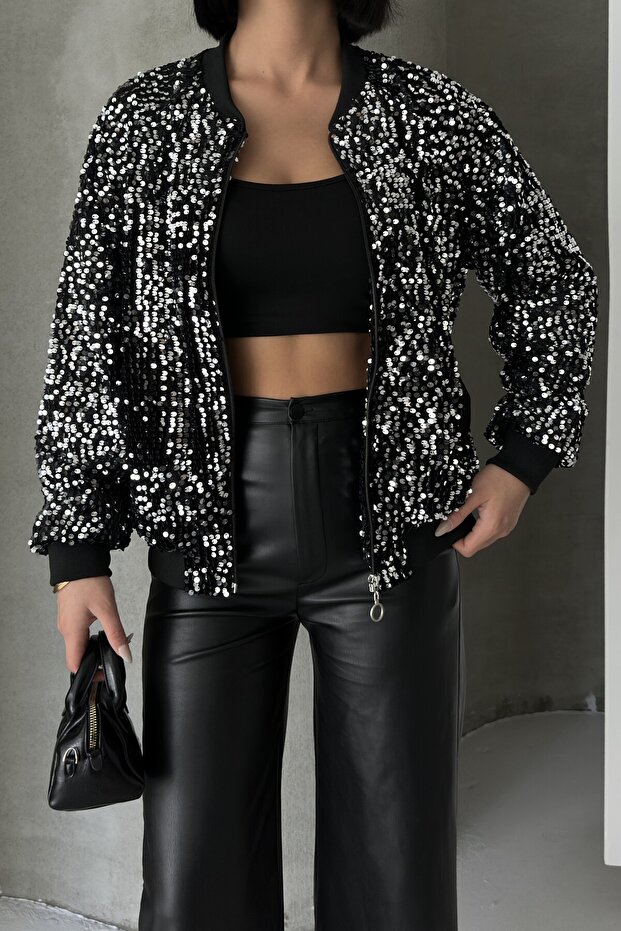 Sequined Bomber Jacket Silver - 3
