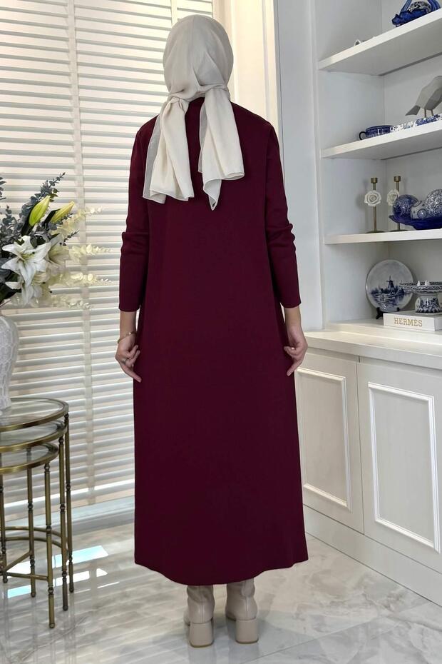 Öykü Çelik Örme Triko Elbise Bordo - 5