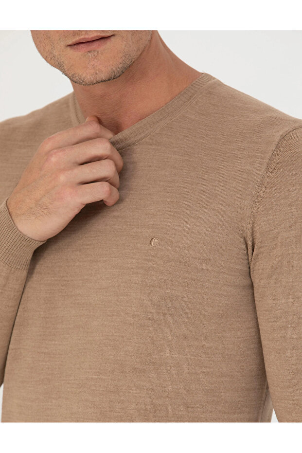 Erkek Slim Fit Basic Kazak - Camel - 6