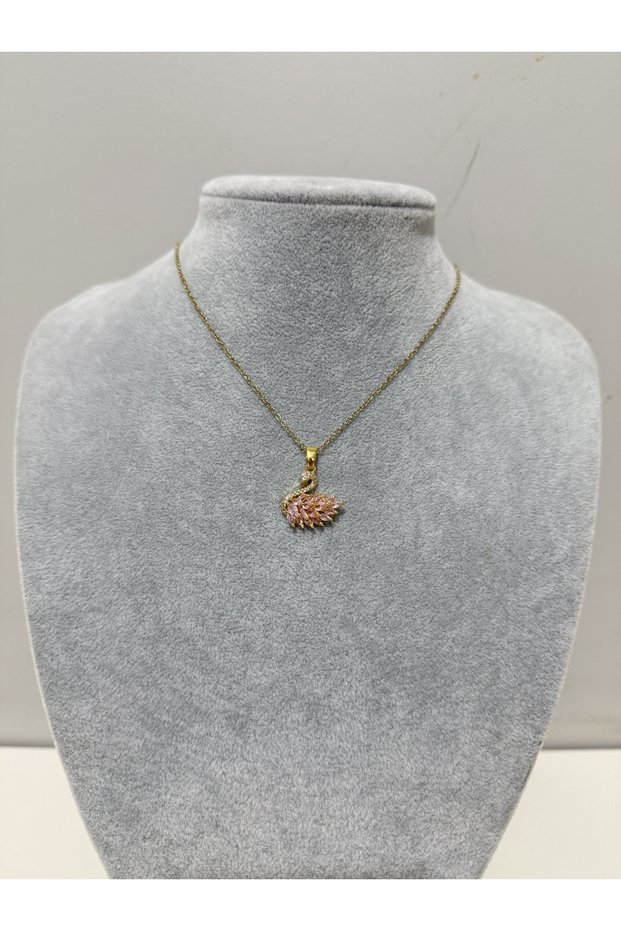 Zircon Stone Pink Gold Swan Necklace (Steel Swan Necklace with Pink Stone Gold)