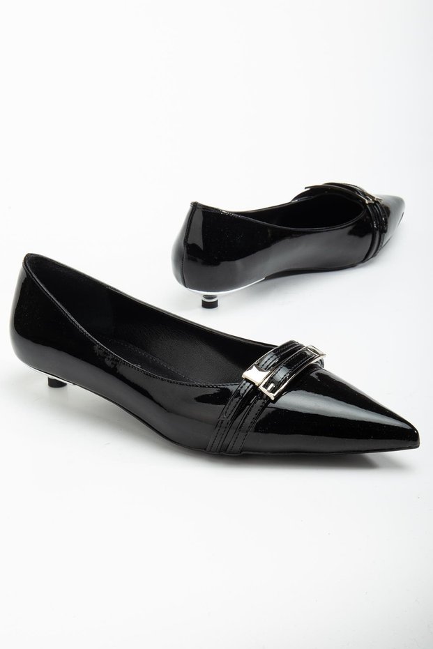Women's Short Heeled Shoes Black Patent Leather Small Heel Strappy