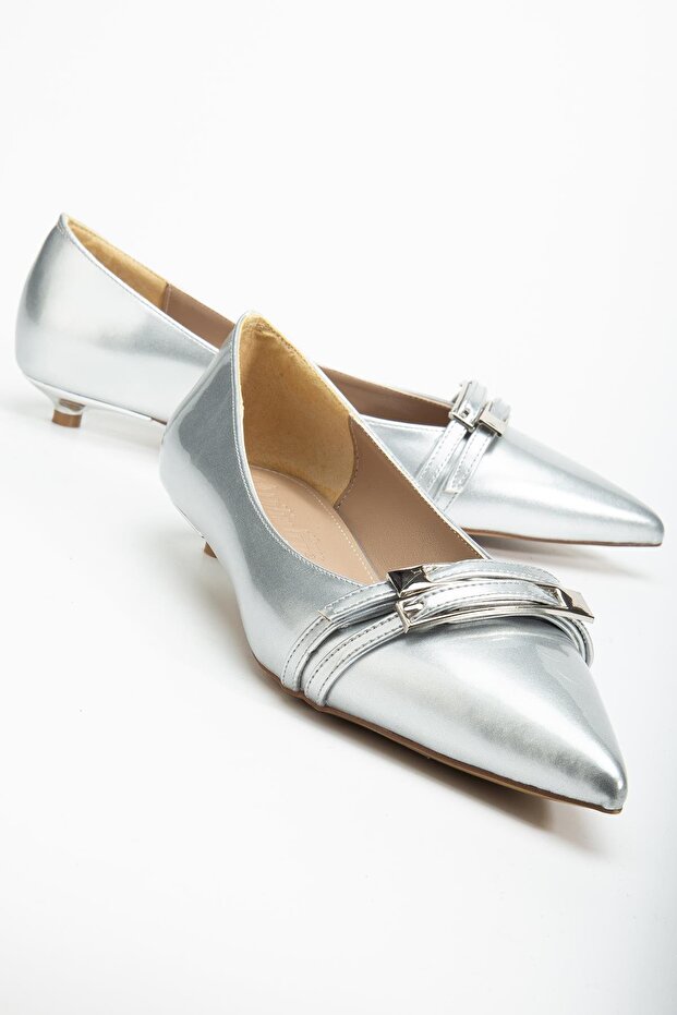 Women's Short Heeled Shoes Silver Patent Leather Small Heel Strappy