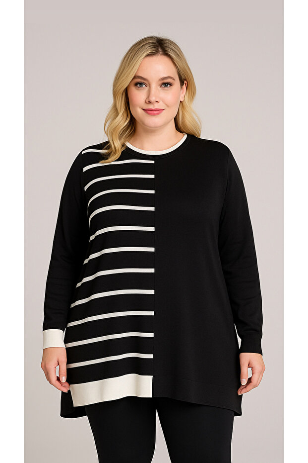 Women's Black and White Striped Knitwear Tunic