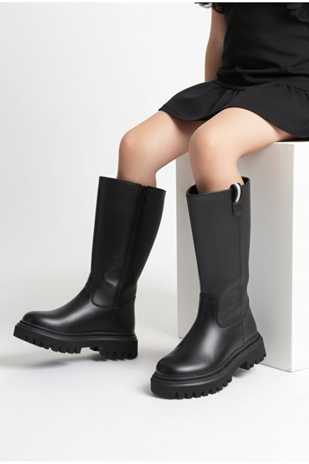 Soğuk Havalara Dayanıklı Suni Deri Düz Sade Uzun Astarlı Kaymaz Hafif Taban Çocuk Kışlık Bot Çizme - 1