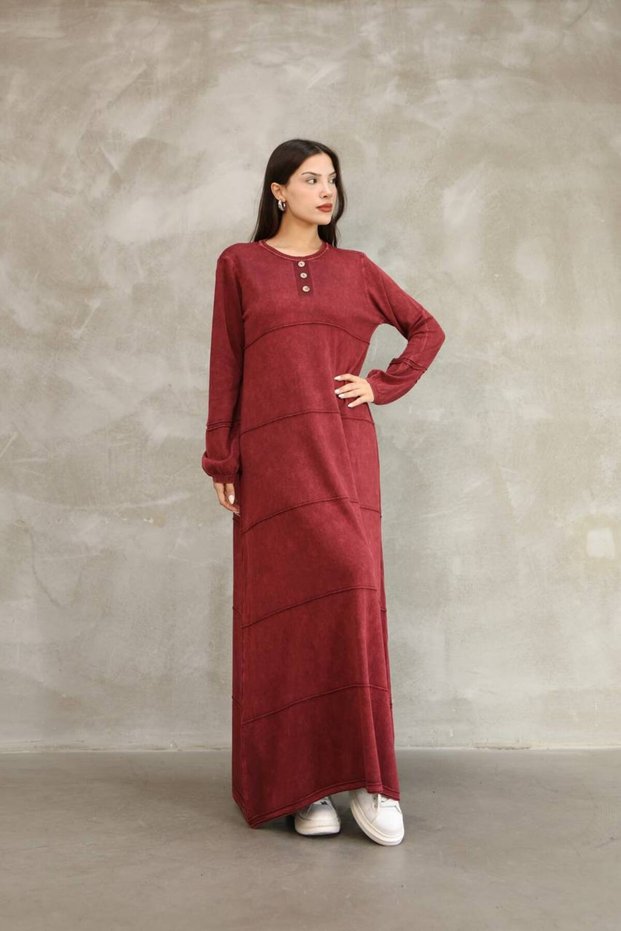 Women's Burgundy Button Detailed Round Neck Long Sleeve Vintage Detailed Loose Cotton Knitwear Long Dress
