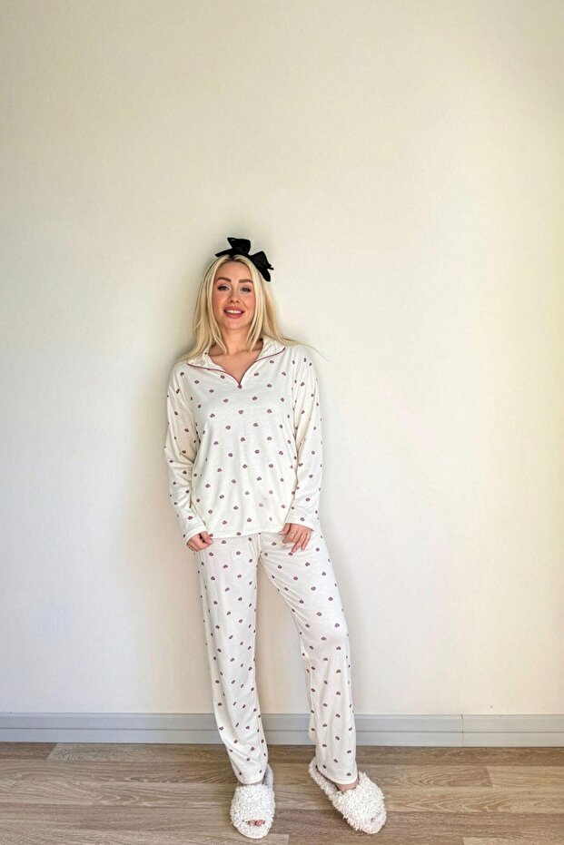 Ekru Kiraz Desenli Uzun Kollu Waffle Örme Kadın Pijama Takımı - 5