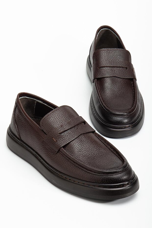 Genuine Leather Men's Casual Shoes Brown Belted College Model Flat Sole