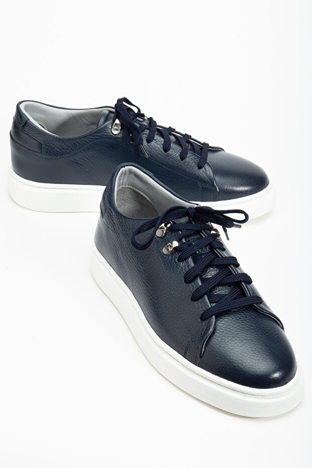 Genuine Leather Men's Casual Shoes Navy Blue Flat Sole Tied