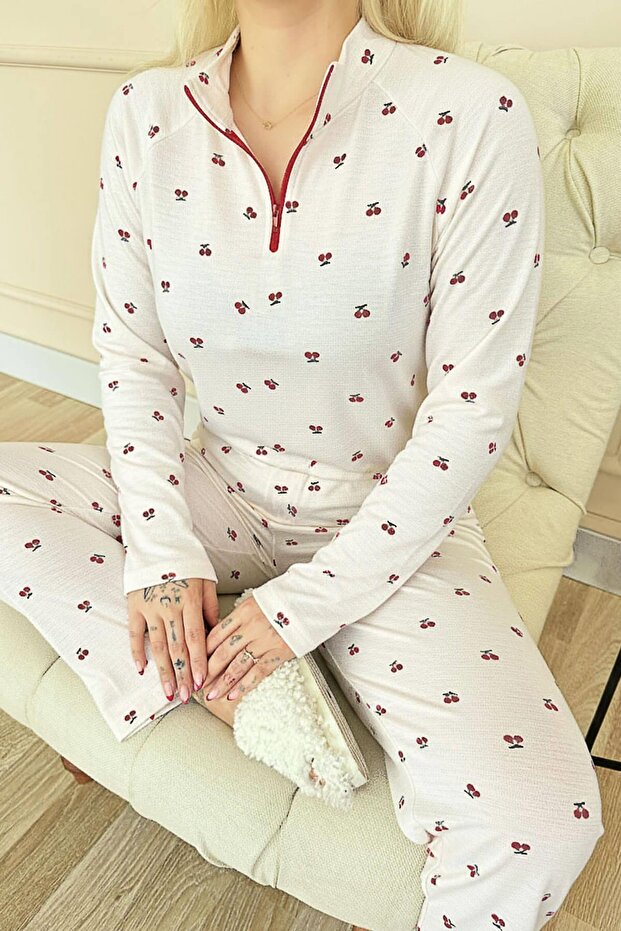Ekru Kiraz Desenli Uzun Kollu Waffle Örme Kadın Pijama Takımı - 4